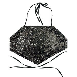 Black Sequin Halter Size M Top With Adjustable Ties By Forever 21